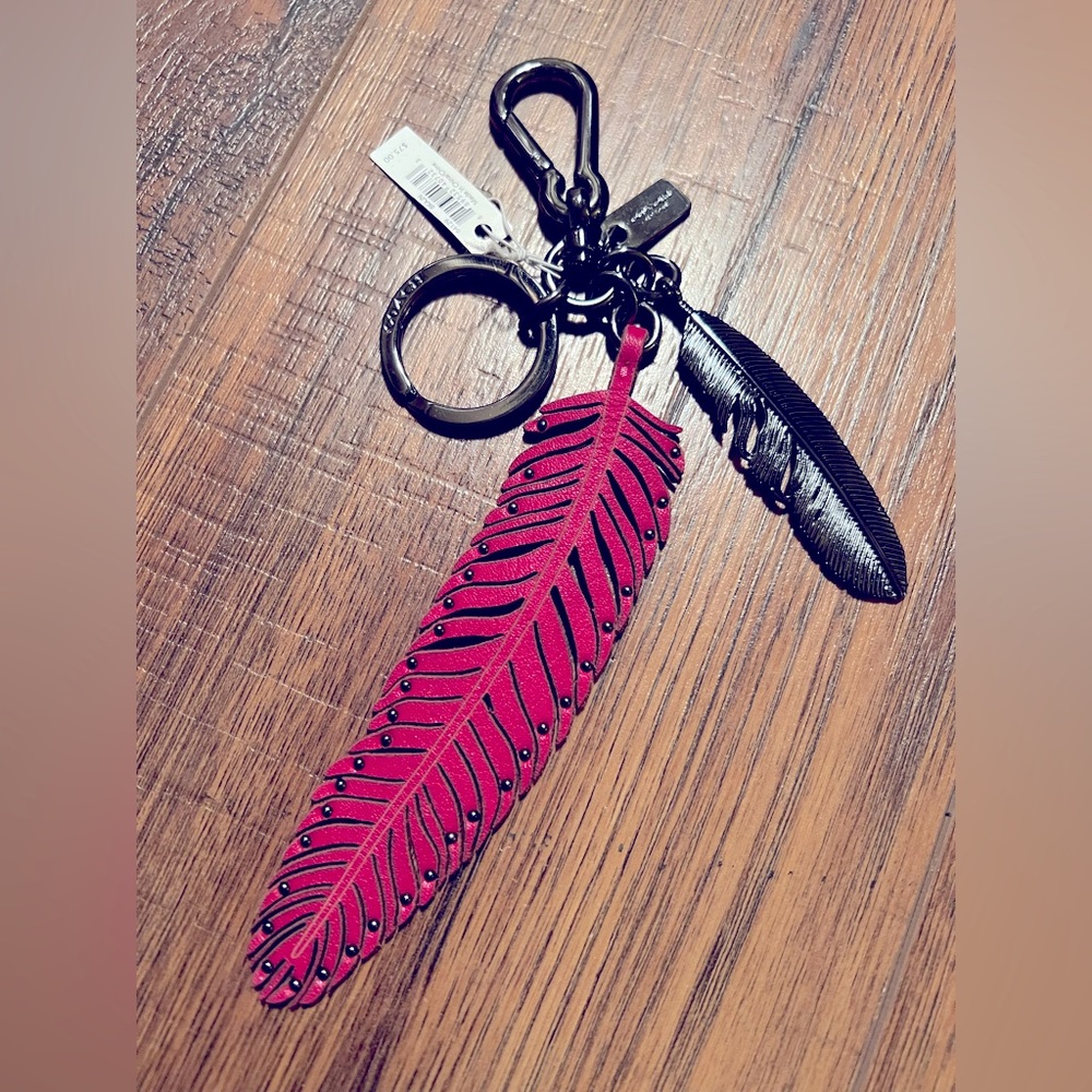 Coach Multi Feather Leather & Metal Bag Charm / Key Chain in Fuchsia NWT